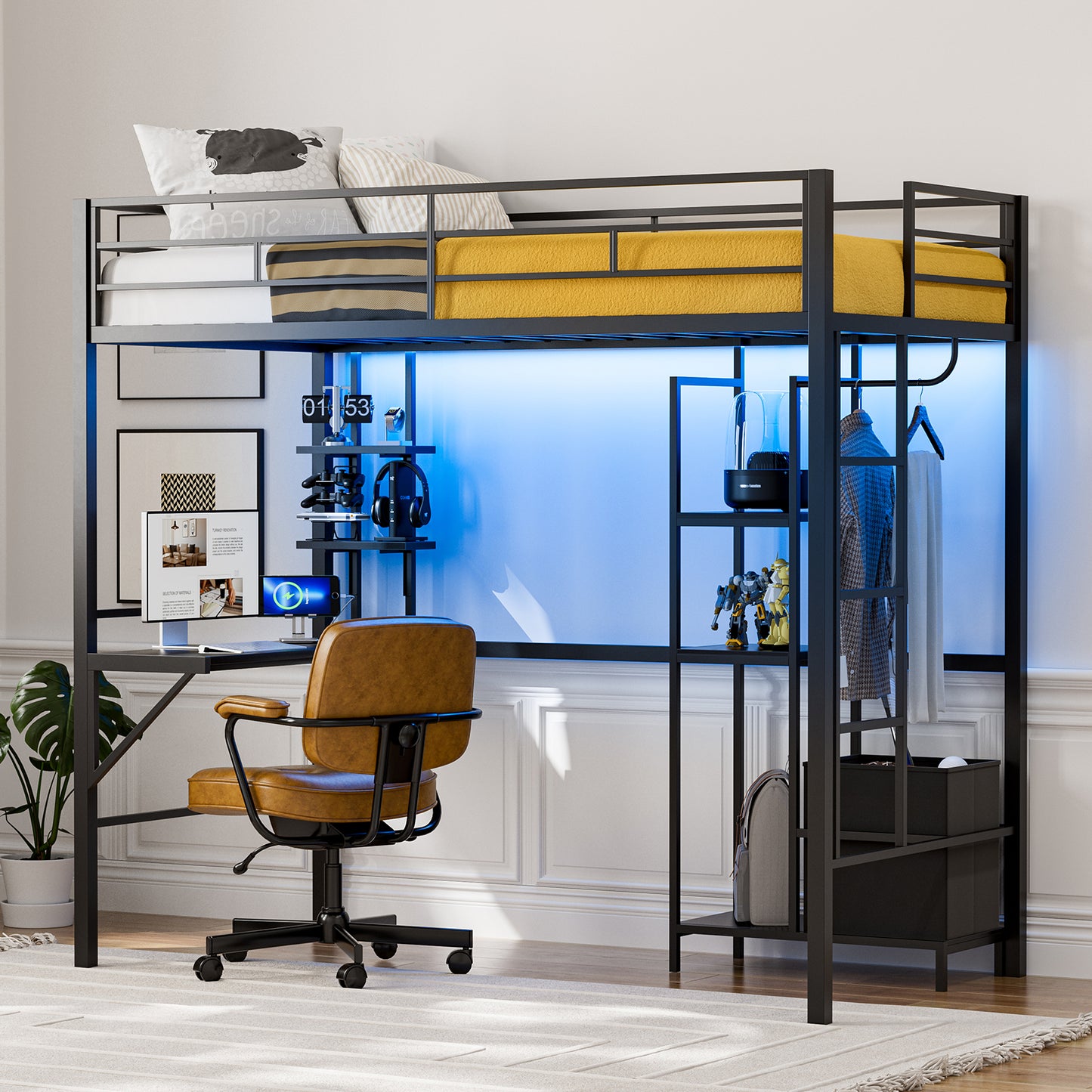 Metal Twin Loft Bed with Desk and Storage Shelves, LED Lights & Charging Station, Loft Bed Frame with 13.4” Guardrail