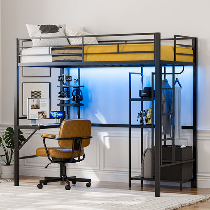 Metal Twin Loft Bed with Desk and Storage Shelves, LED Lights & Charging Station, Loft Bed Frame with 13.4” Guardrail