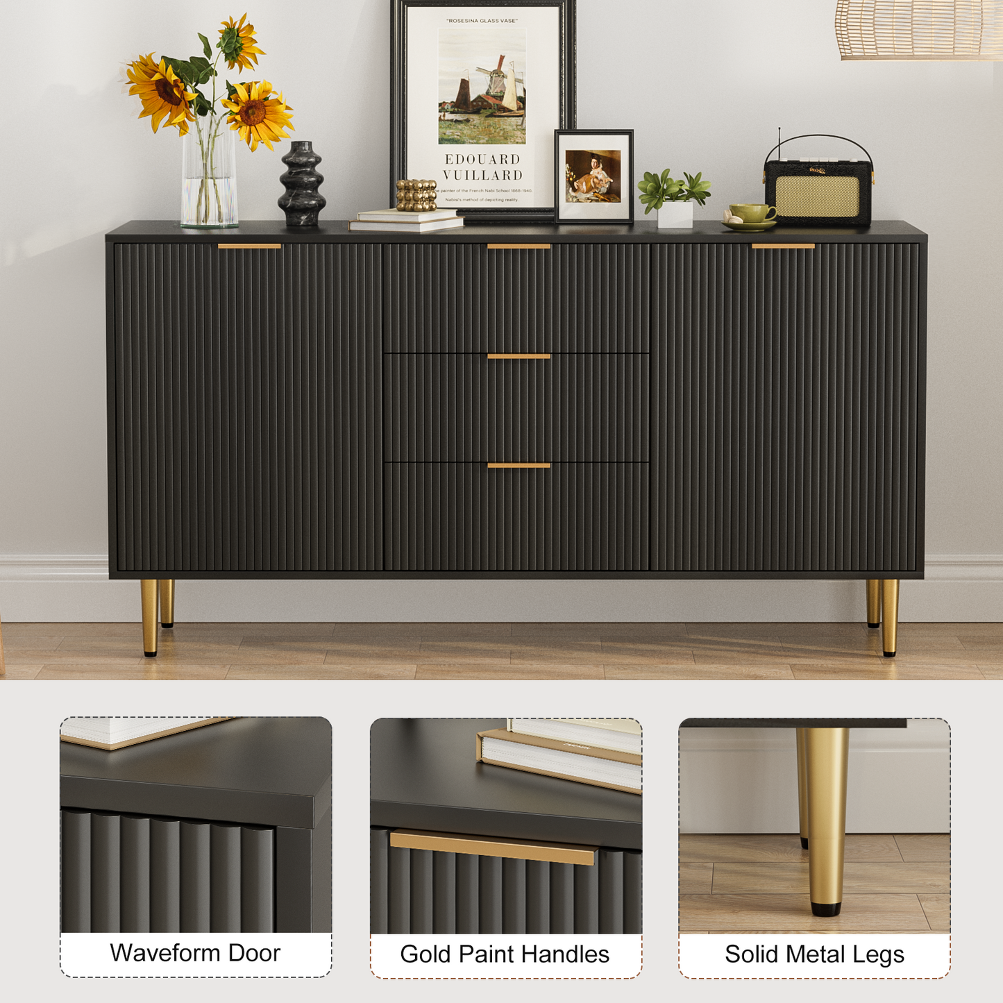 Sideboard with Drawers, Fluted Buffet Cabinet with Storage, Adjustable Shelves