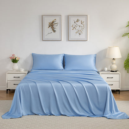 Bed Sheet Set-4 Piece 16” Deep Pocket, Ultra Soft Breathable Silky Bedding Sheets & Pillowcases-Light Blue