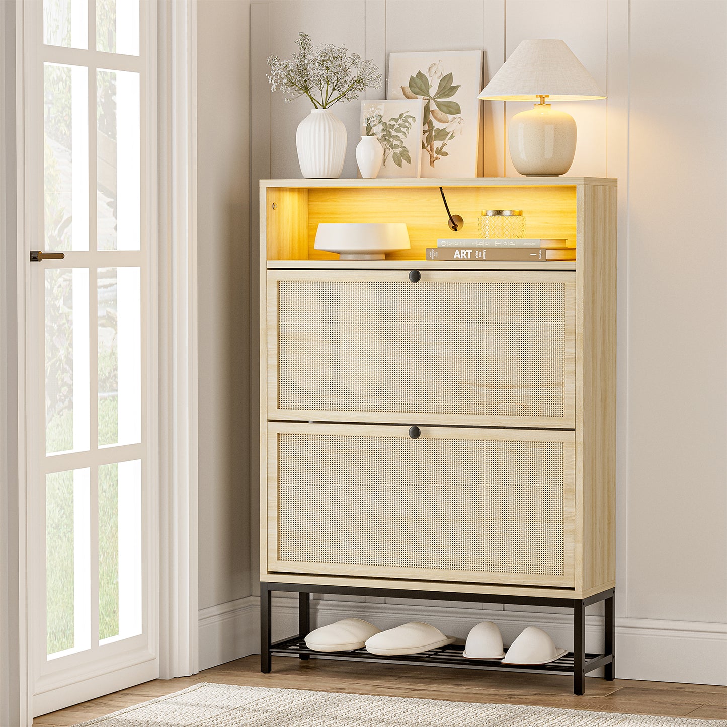 Rattan Shoe Cabinet with LED Light, 2 Flip Drawers & Open Shelves