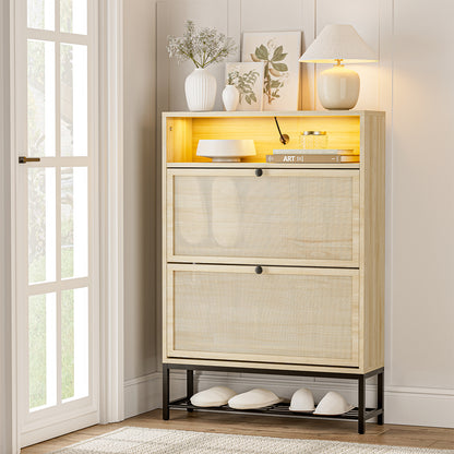Rattan Shoe Cabinet with LED Light, 2 Flip Drawers & Open Shelves