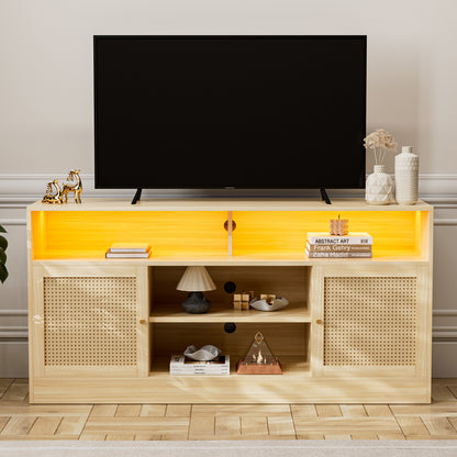 LED Rattan TV Stand for 65 Inch TV, Multifunctional Cabinet with 2 Natural Rattan Doors and LED Lights