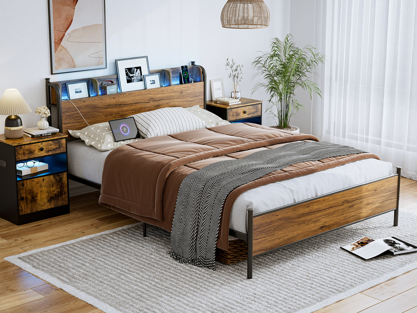 LED Bed Frame with Storage Shelf Headboard & Charging Station with Strong Steel Slats No Box Spring