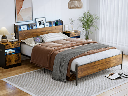 LED Bed Frame with Storage Shelf Headboard & Charging Station with Strong Steel Slats No Box Spring