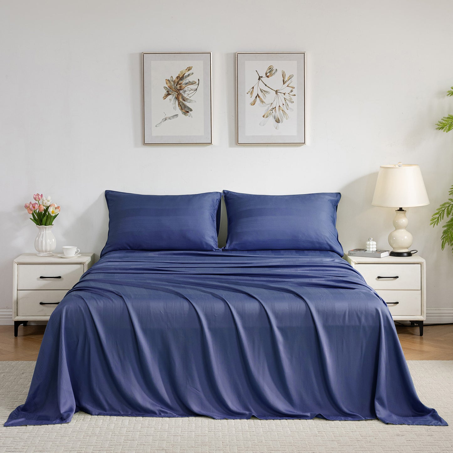 Bed Sheet Set-4 Piece 16” Deep Pocket, Striped Jacquard Ultra Soft Breathable Silky Bedding Sheets & Pillowcases-Dark Blue