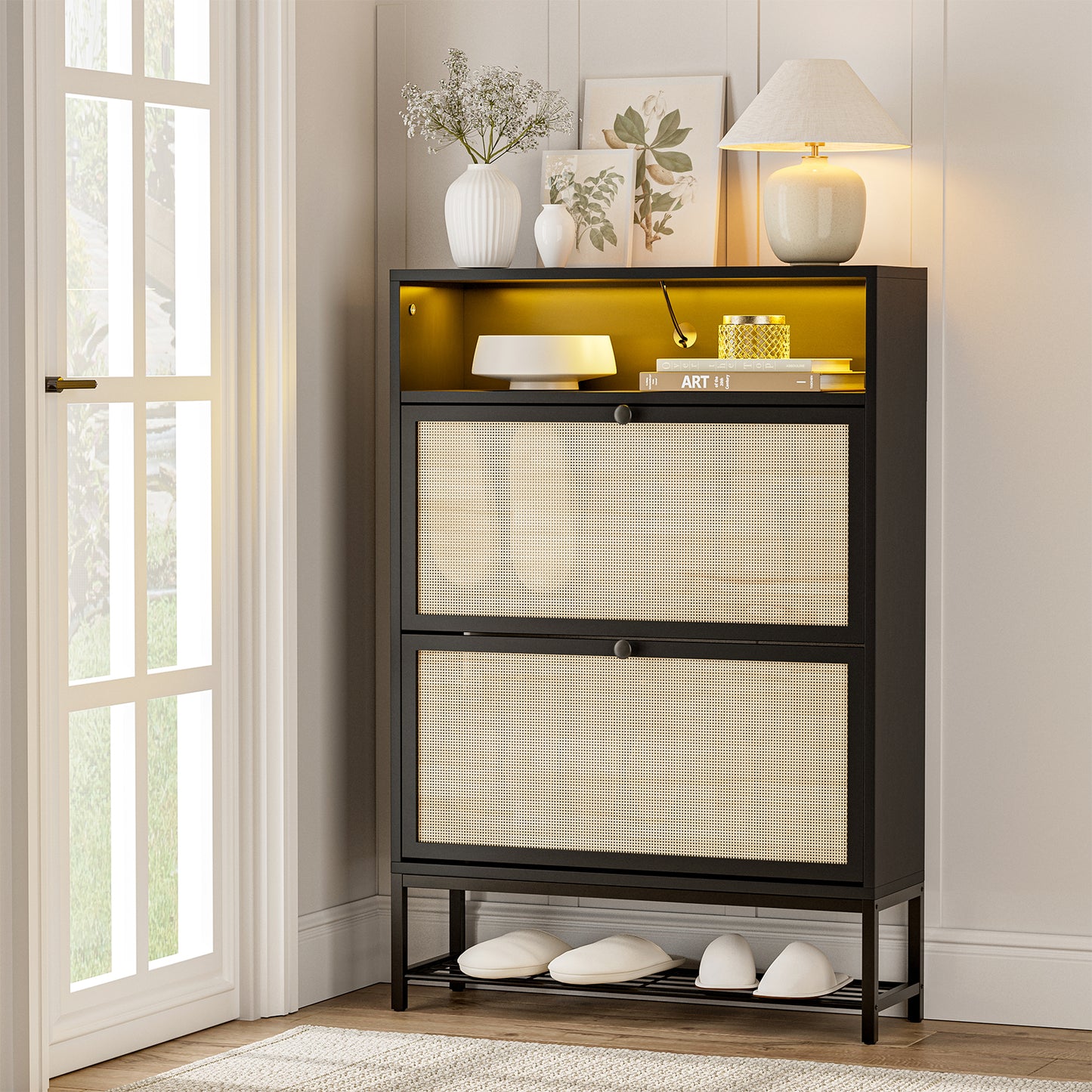 Rattan Shoe Cabinet with LED Light, 2 Flip Drawers & Open Shelves