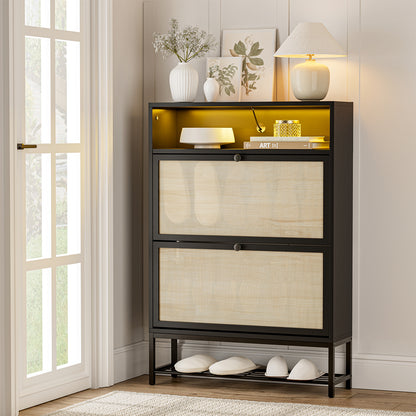 Rattan Shoe Cabinet with LED Light, 2 Flip Drawers & Open Shelves