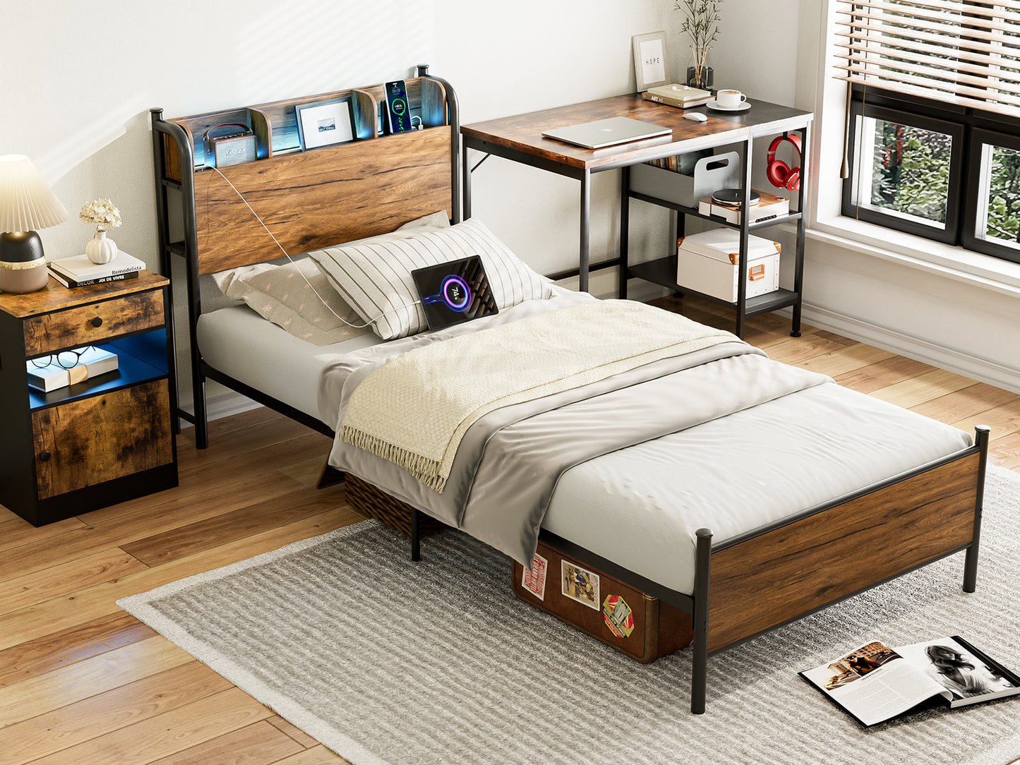 LED Bed Frame with Storage Shelf Headboard & Charging Station with Strong Steel Slats No Box Spring