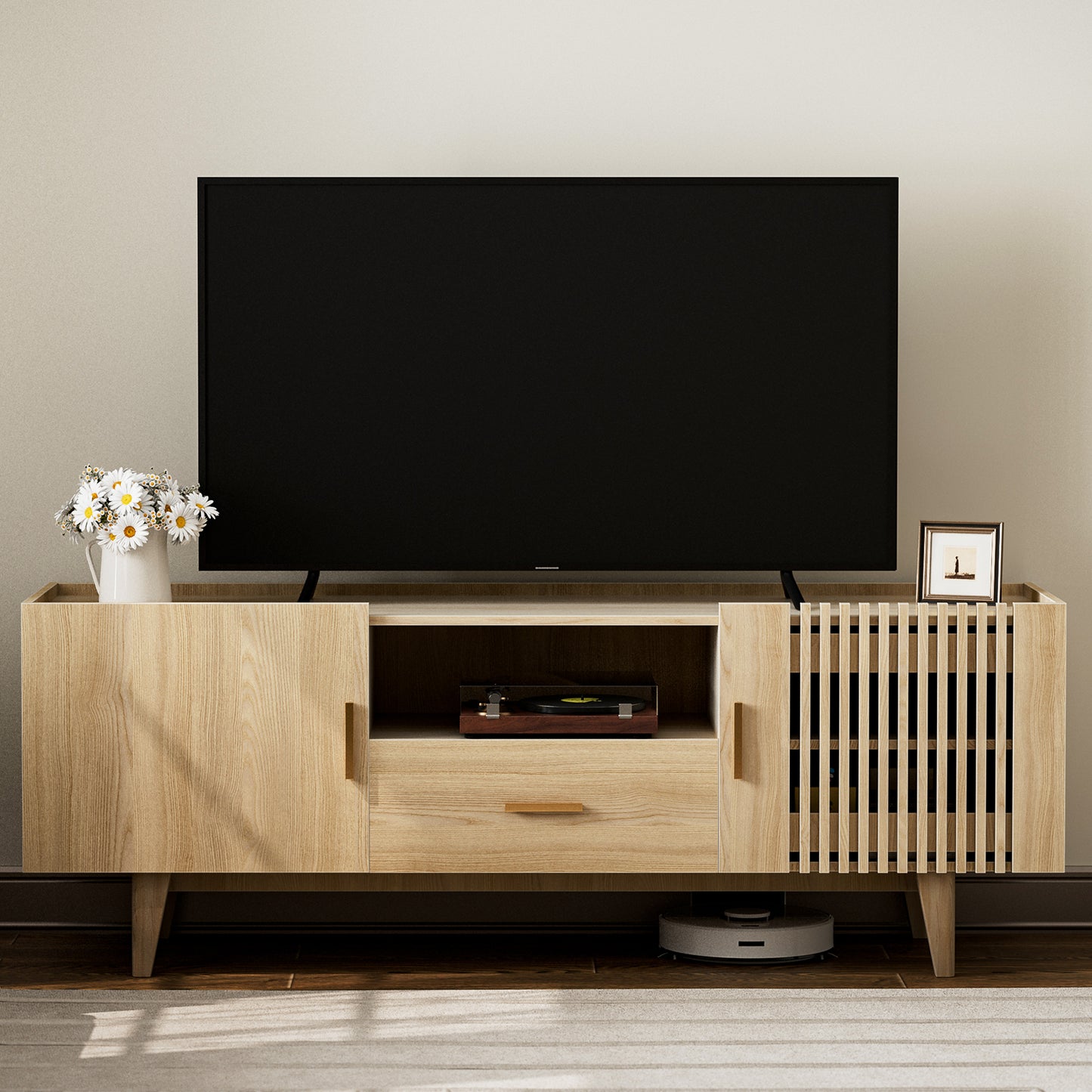 Fluted TV Stand for 75 Inch TV, with Drawer & 2 Cabinet Doors