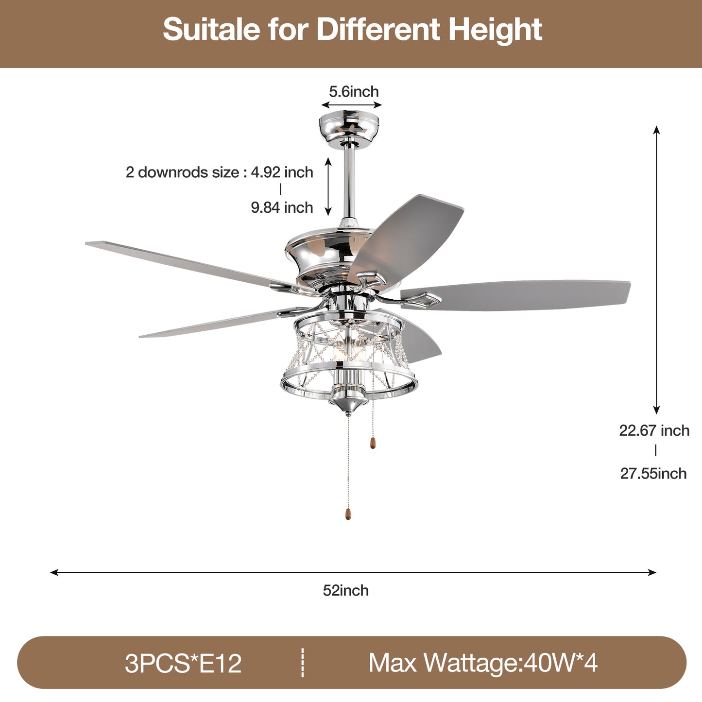 Ceiling Fans 52 Inch Industrial Style Indoor Ceiling Fan with Pull-cord Control