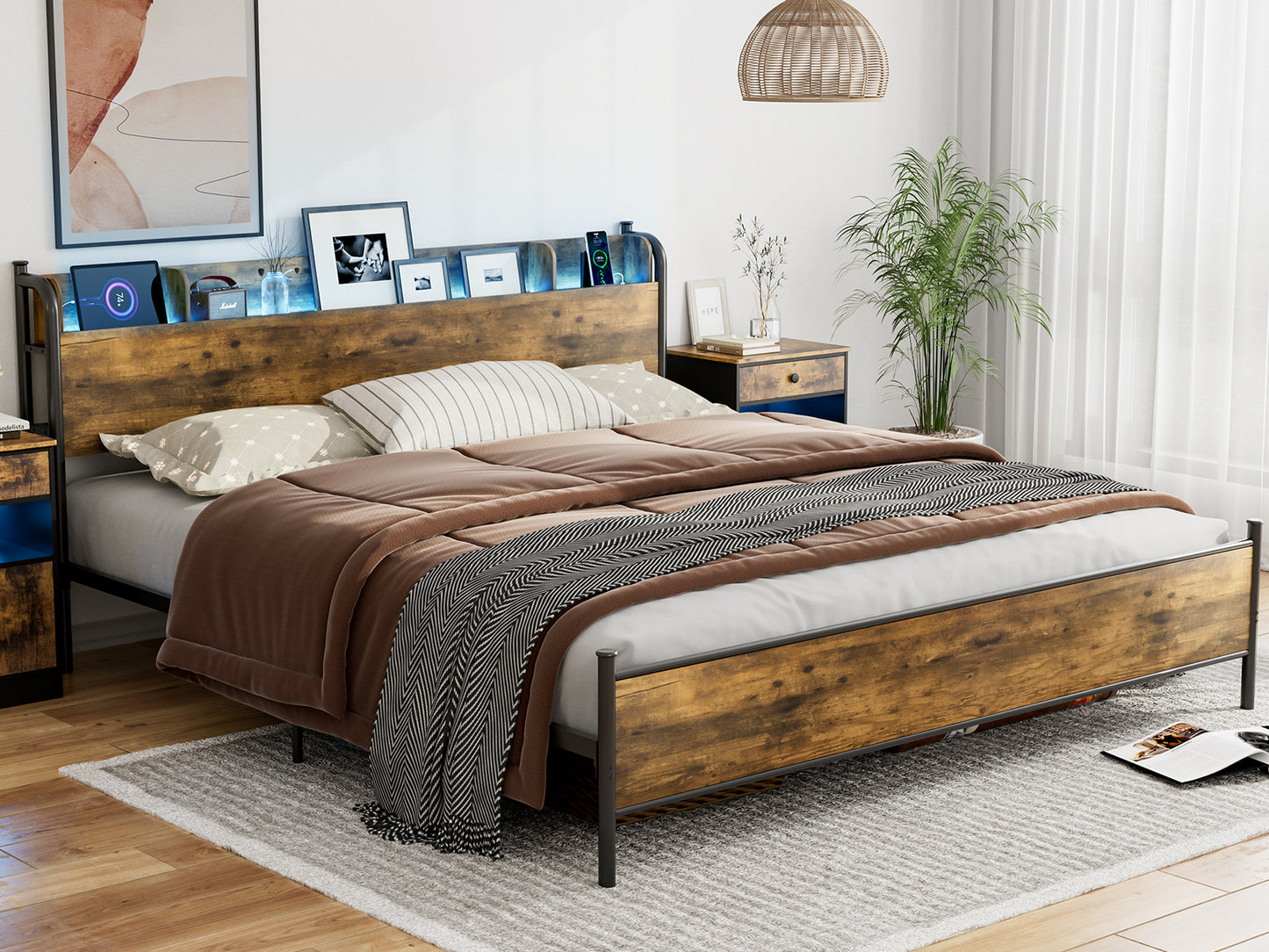 LED Bed Frame with Storage Shelf Headboard & Charging Station with Strong Steel Slats No Box Spring