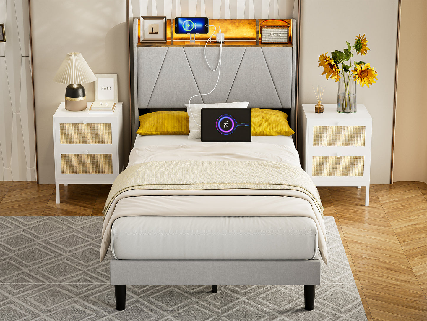 LED Bed Frame with Charging Station & Storage Shelf Upholstered Headboard,No Box Spring Needed