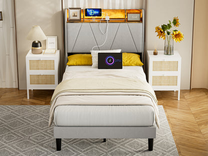 LED Bed Frame with Charging Station & Storage Shelf Upholstered Headboard,No Box Spring Needed