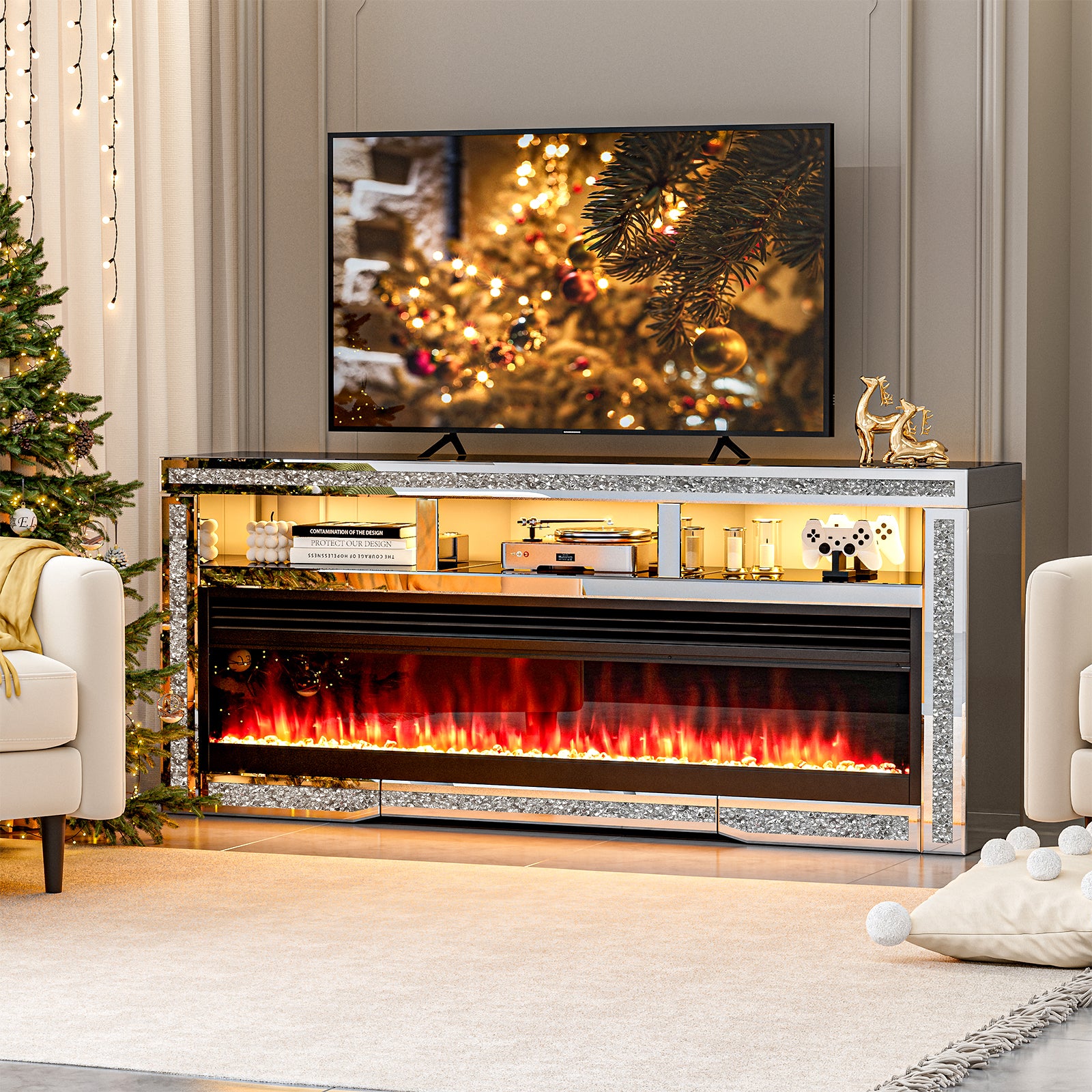 Mirrored Fireplace TV Stand, TV Console Table with Crushed Diamond