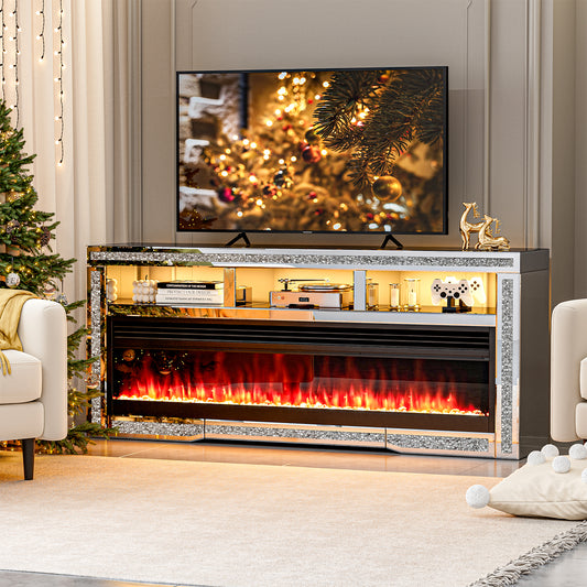 Mirrored Fireplace TV Stand, TV Console Table with Crushed Diamond and LED