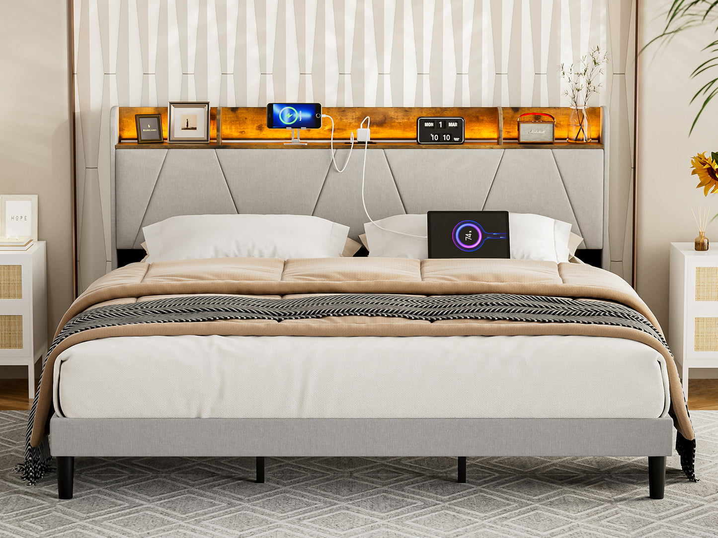 LED Bed Frame with Charging Station & Storage Shelf Upholstered Headboard,No Box Spring Needed