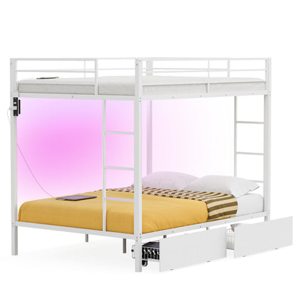 Bunk Beds with 2 Storage Drawers, Metal Full Size Bunk Bed with LED Lights and Charging Station, Safety Guardrail