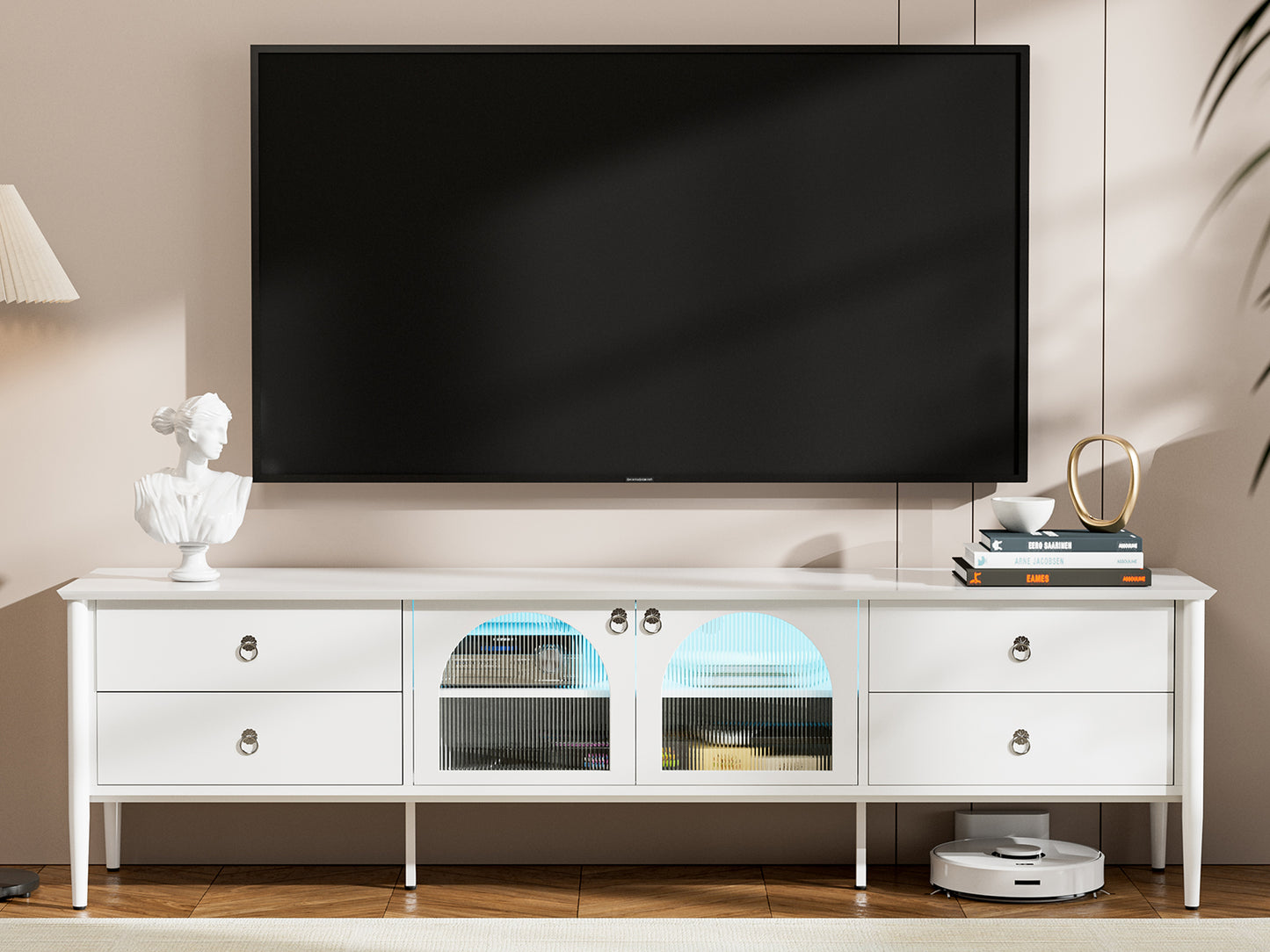 LED TV Stand for 85+ Inch TV with 2 Glass Doors, 4 Drawers and LED Lights,Glass Entertainment Center for Living Room