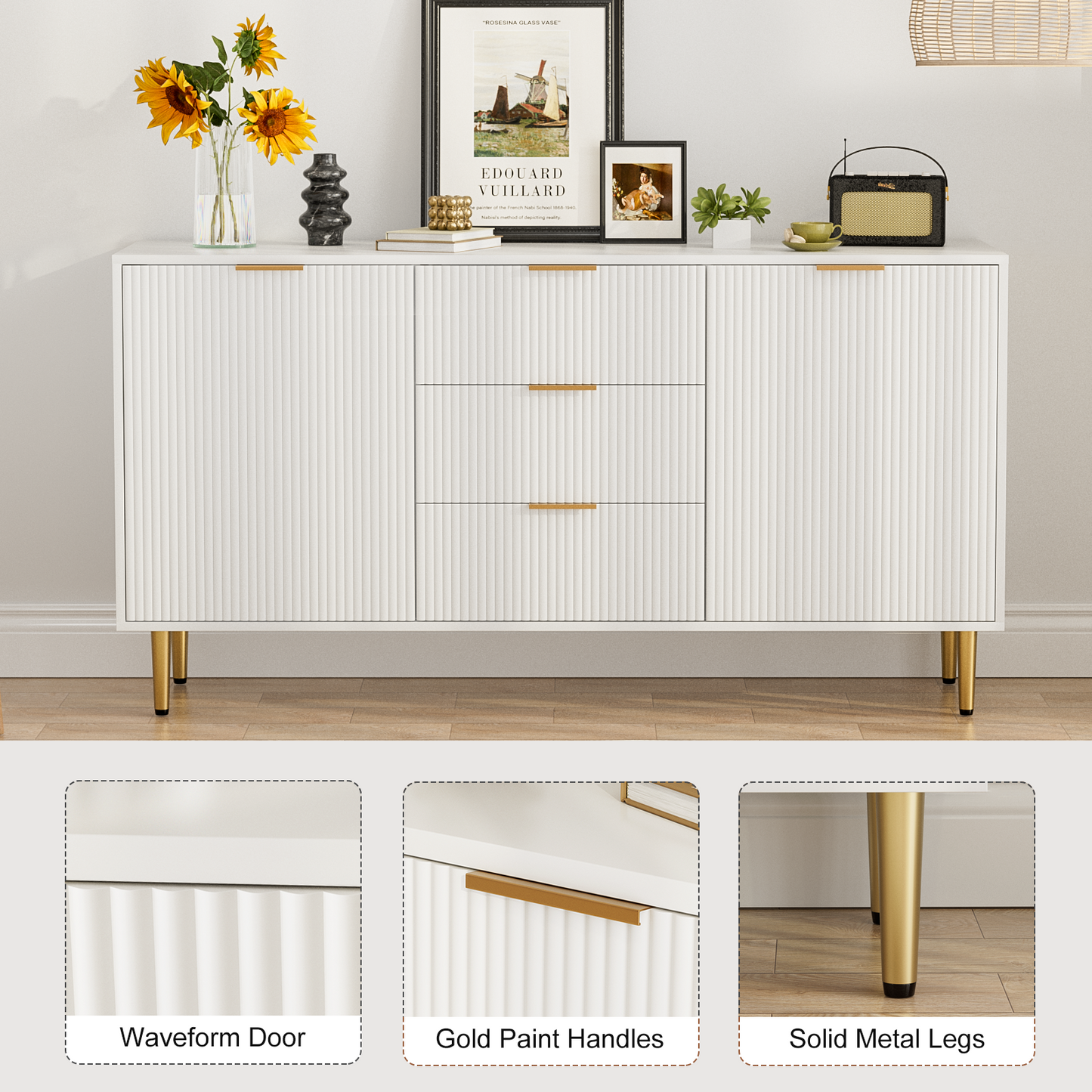 Sideboard with Drawers, Fluted Buffet Cabinet with Storage, Adjustable Shelves