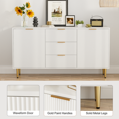 Sideboard with Drawers, Fluted Buffet Cabinet with Storage, Adjustable Shelves