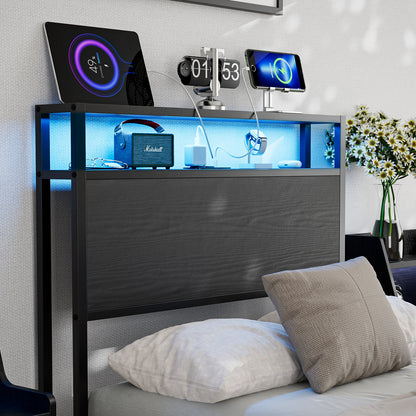 Metal Storage Headboard With RGB LED Light & Charging Station