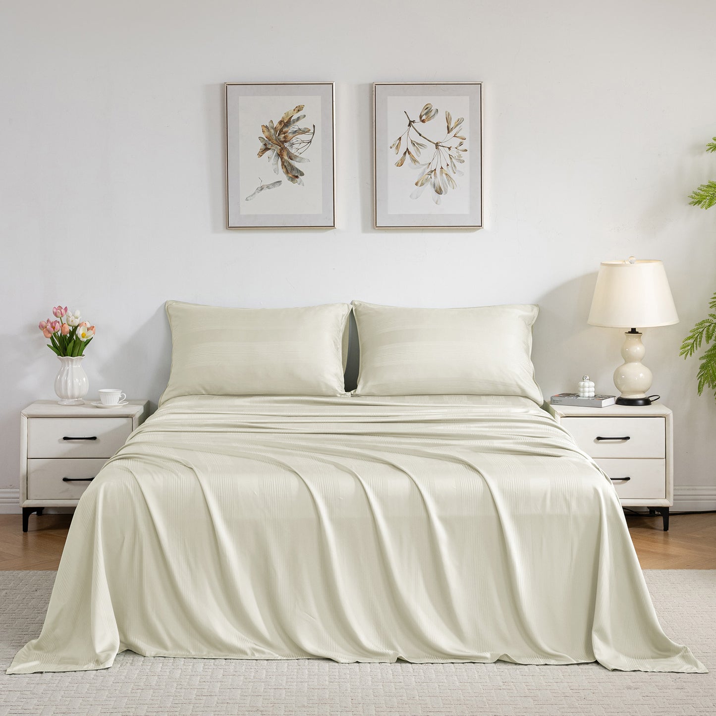 Bed Sheet Set-4 Piece 16” Deep Pocket, Striped Jacquard Ultra Soft Breathable Silky Bedding Sheets & Pillowcases-Beige