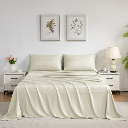 Bed Sheet Set-4 Piece 16” Deep Pocket, Striped Jacquard Ultra Soft Breathable Silky Bedding Sheets & Pillowcases-Beige