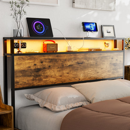 Metal Storage Headboard With RGB LED Light & Charging Station