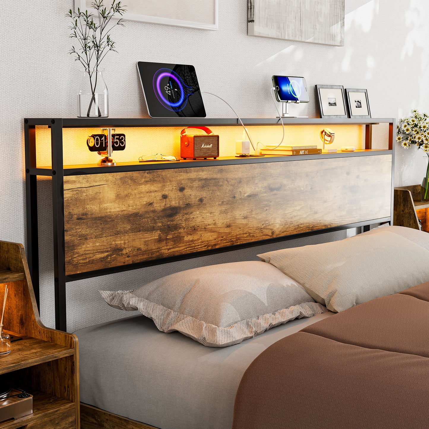 Metal Storage Headboard With RGB LED Light & Charging Station