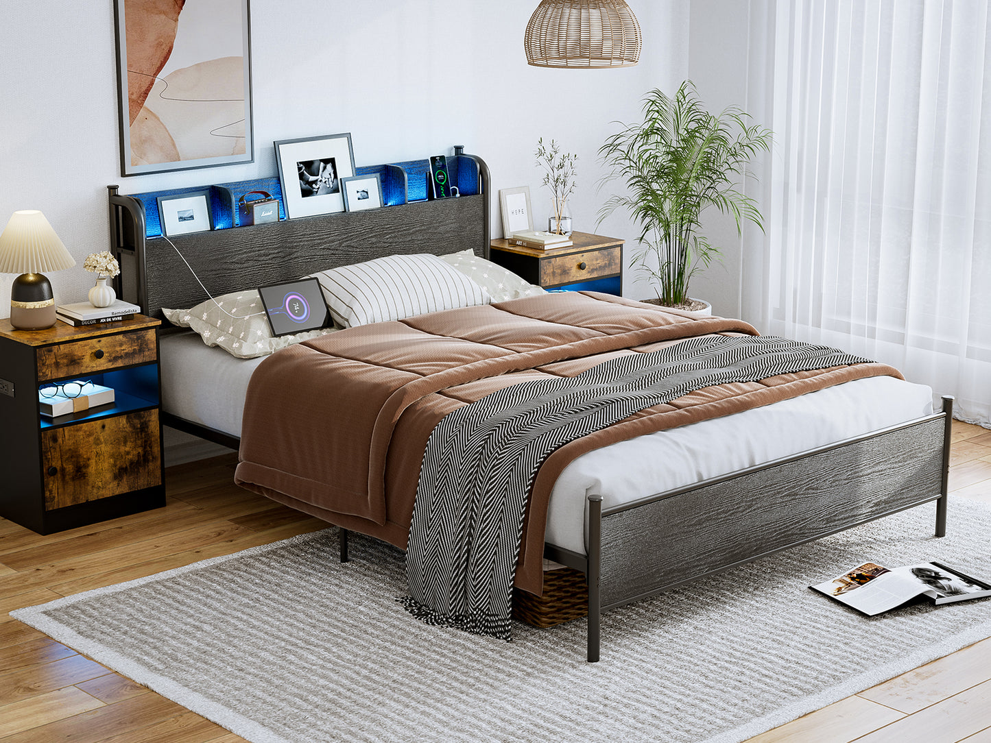 LED Bed Frame with Storage Shelf Headboard & Charging Station with Strong Steel Slats No Box Spring