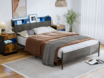 LED Bed Frame with Storage Shelf Headboard & Charging Station with Strong Steel Slats No Box Spring