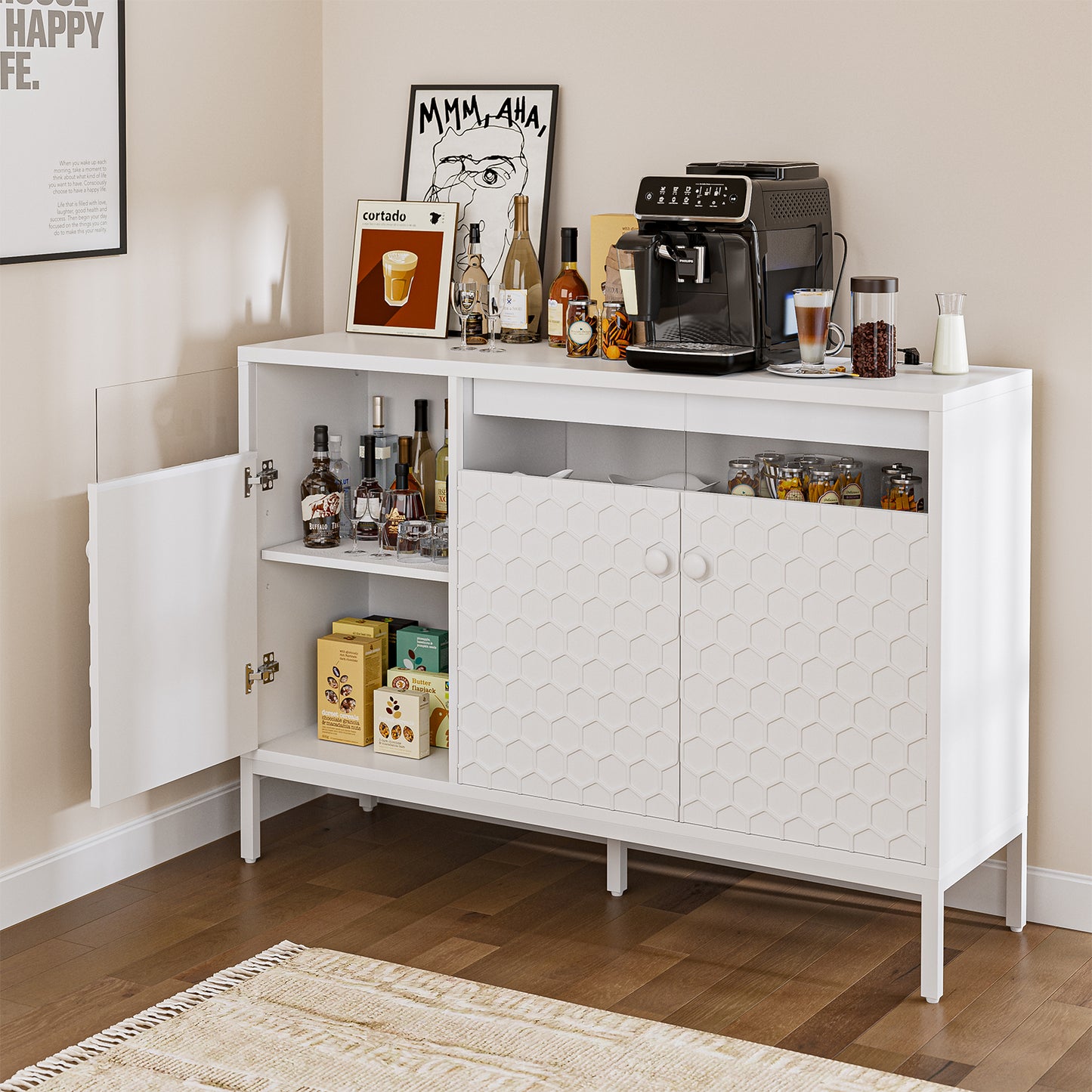 LED Buffet Cabinet with Power Outlet,3 Doors Sideboard Cabinet Table