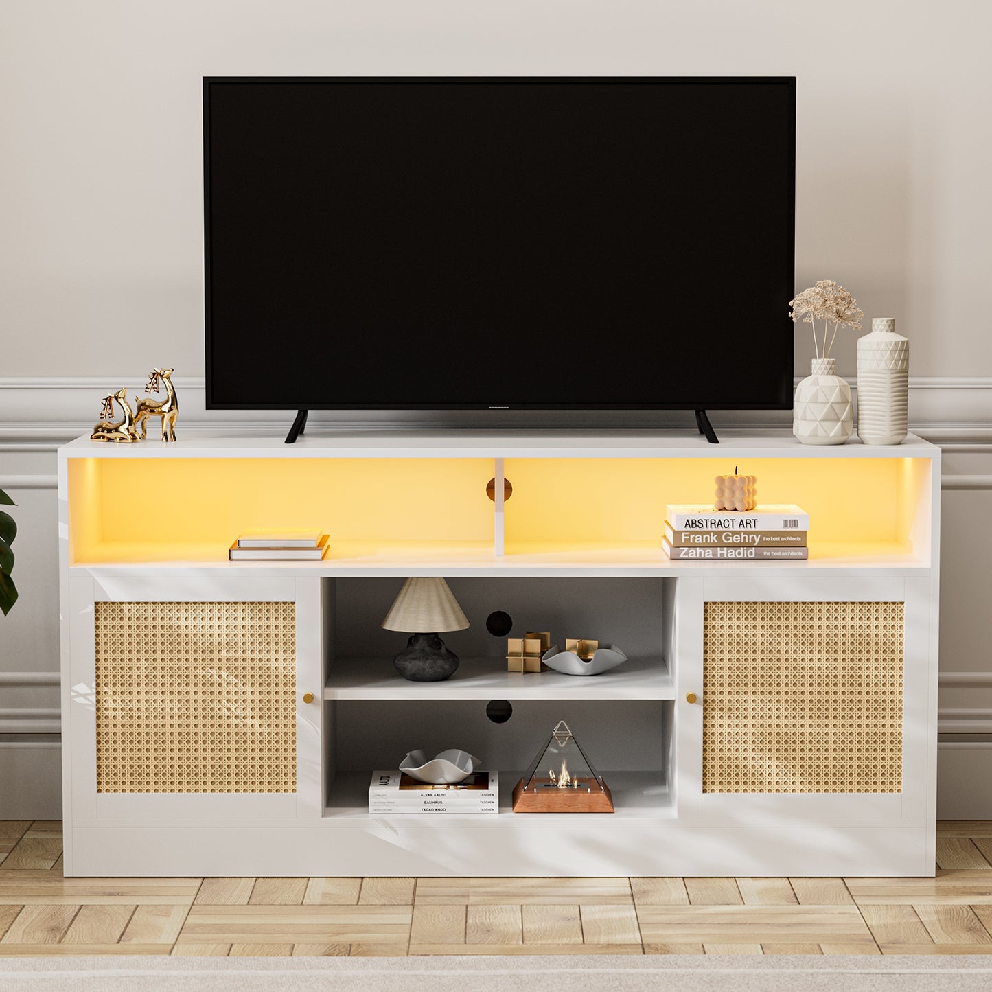 LED Rattan TV Stand for 65 Inch TV, Multifunctional Cabinet with 2 Natural Rattan Doors and LED Lights