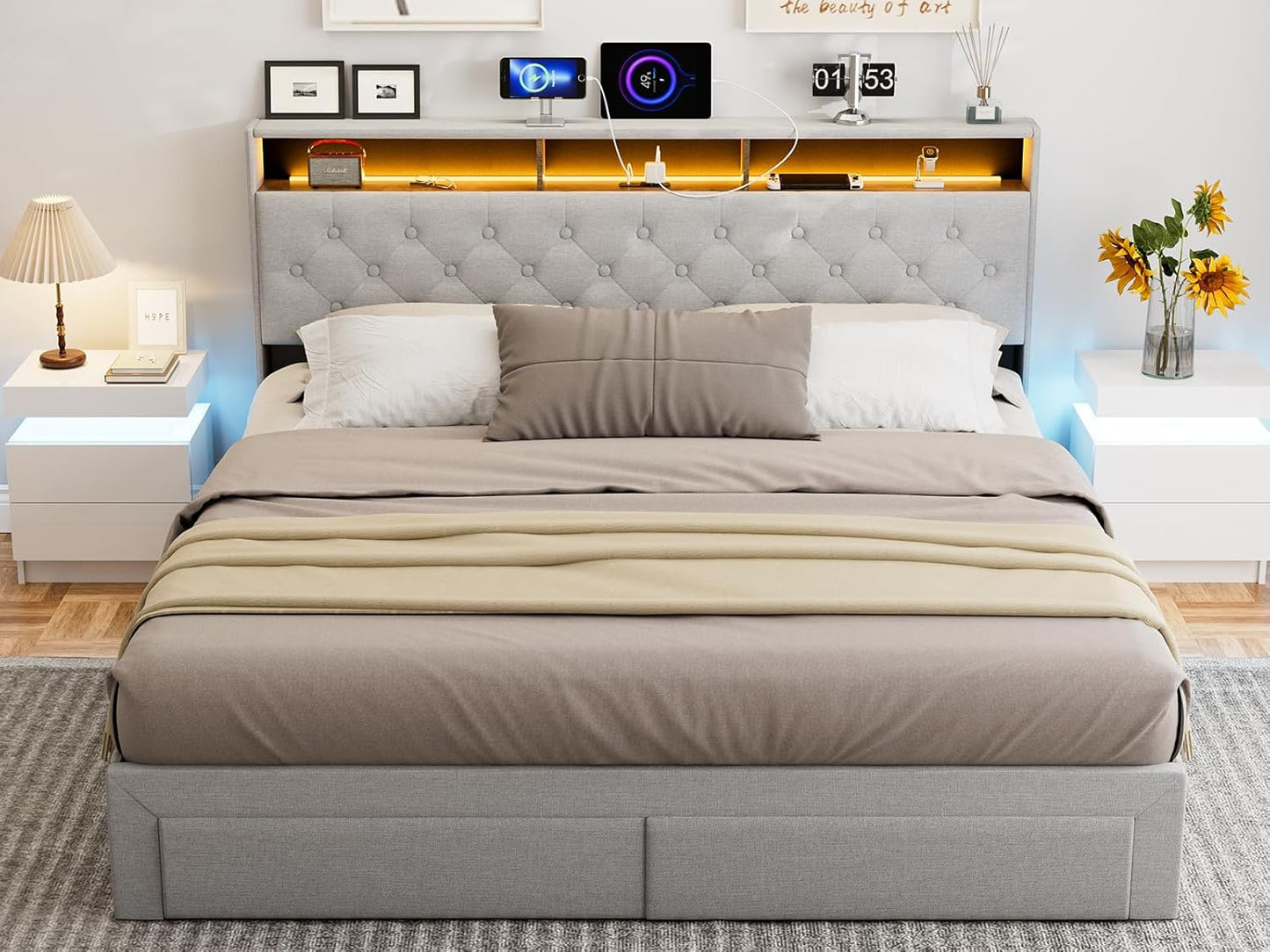 LED Bed Frame with 4 Storage Drawers, Hidden Storage Headboard with Charging Station No Box Spring