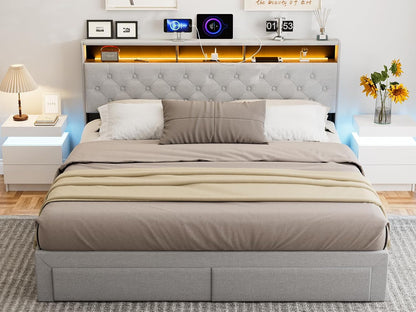LED Bed Frame with 4 Storage Drawers, Hidden Storage Headboard with Charging Station No Box Spring