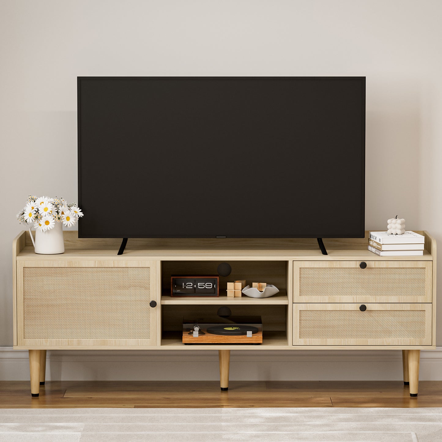 Rattan TV Stand 75 Inch TV with 2 Natural Rattan Drawers