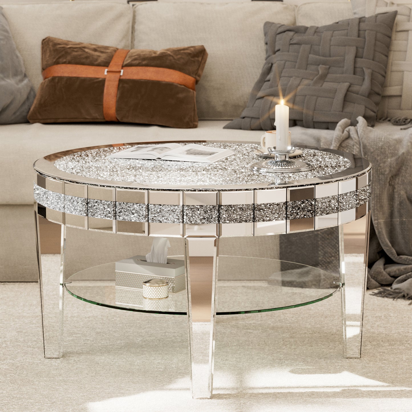 Round Mirrored Coffee Table With storage