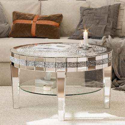 Round Mirrored Coffee Table With storage
