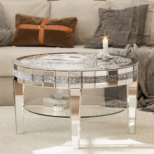 Round Mirrored Coffee Table With storage