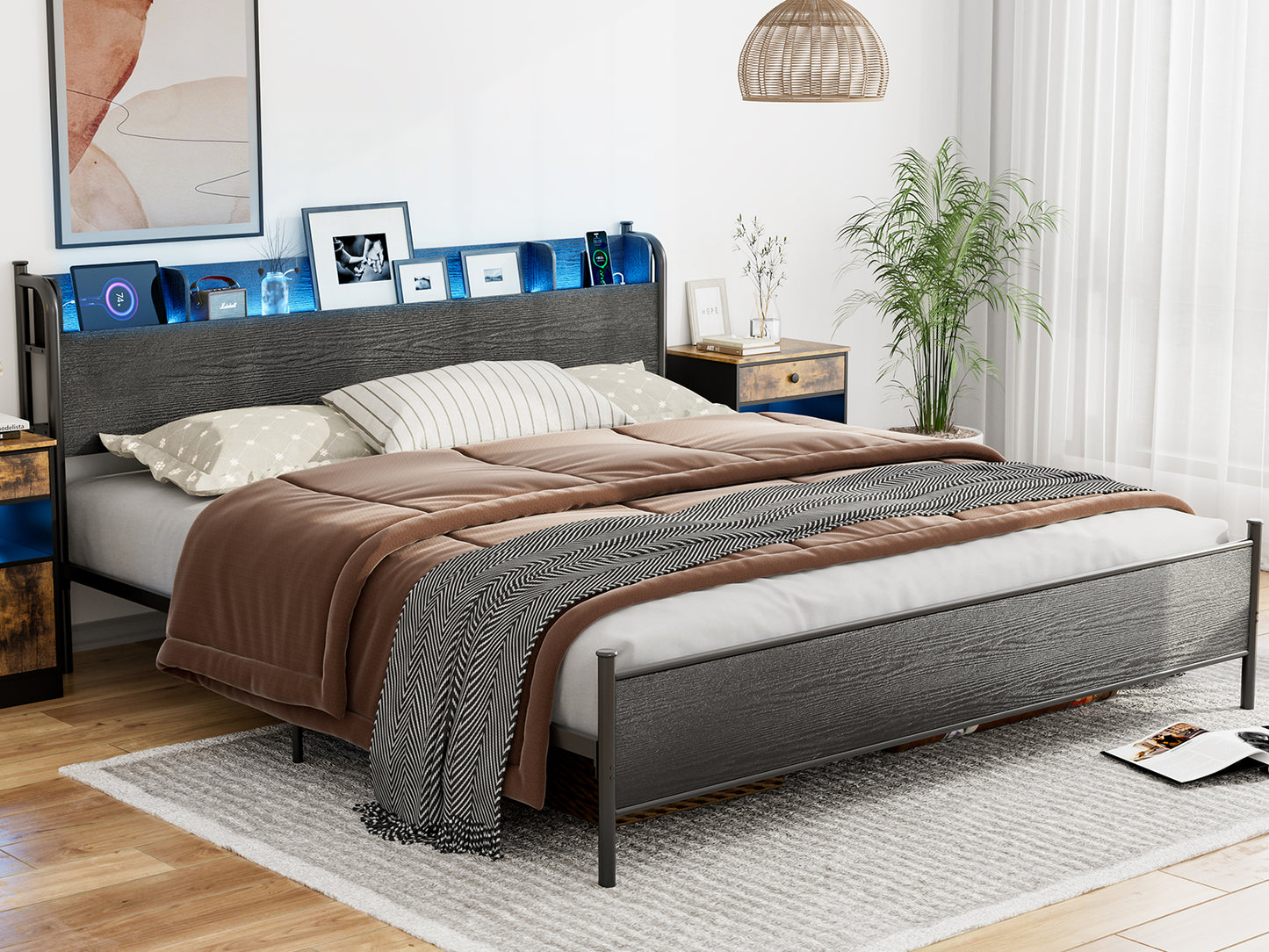 LED Bed Frame with Storage Shelf Headboard & Charging Station with Strong Steel Slats No Box Spring