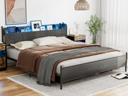 LED Bed Frame with Storage Shelf Headboard & Charging Station with Strong Steel Slats No Box Spring