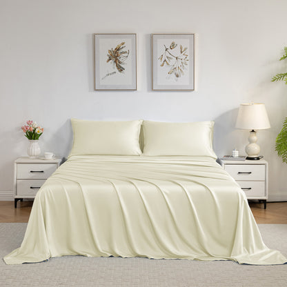 Bed Sheet Set-4 Piece 16” Deep Pocket, Ultra Soft Breathable Silky Bedding Sheets & Pillowcases-Beige