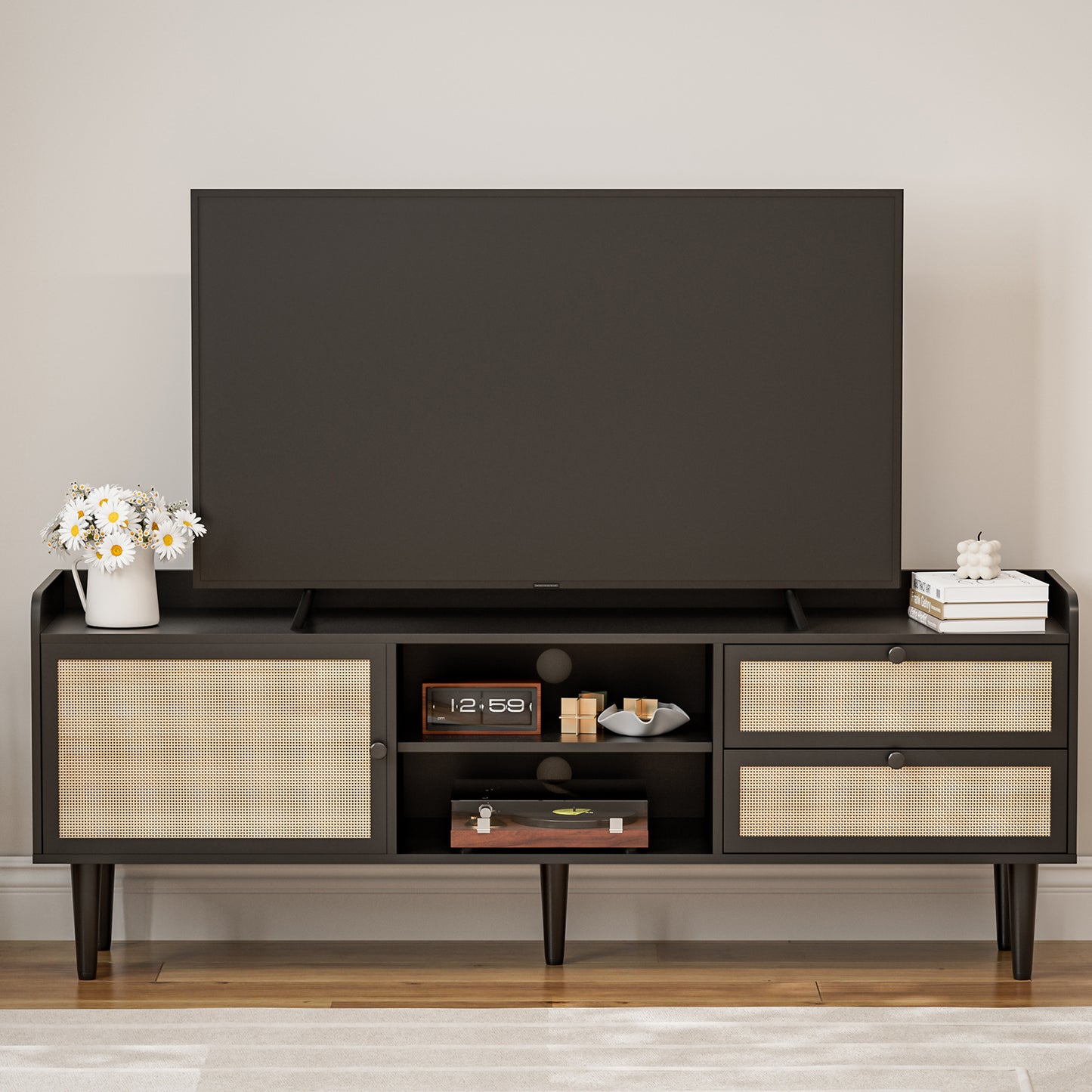 Rattan TV Stand 75 Inch TV with 2 Natural Rattan Drawers