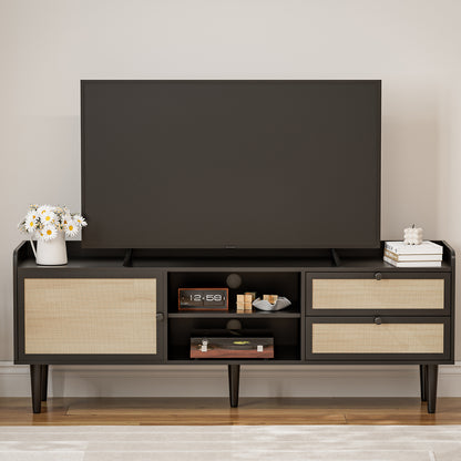 Rattan TV Stand 75 Inch TV with 2 Natural Rattan Drawers