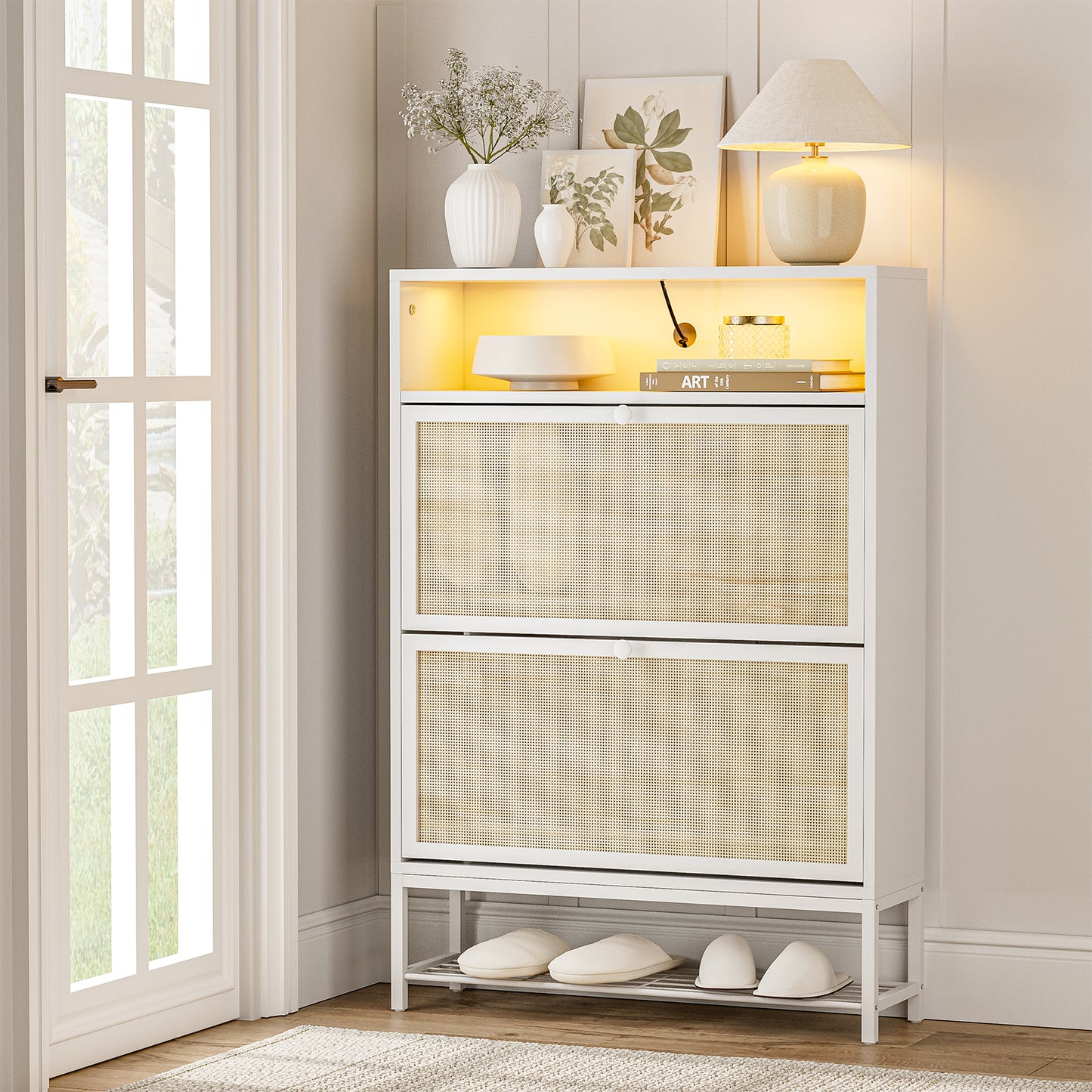 Rattan Shoe Cabinet with LED Light, 2 Flip Drawers & Open Shelves