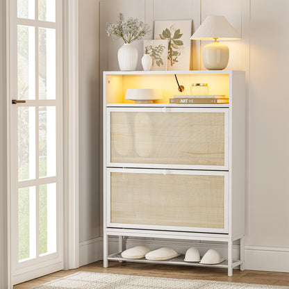 Rattan Shoe Cabinet with LED Light, 2 Flip Drawers & Open Shelves