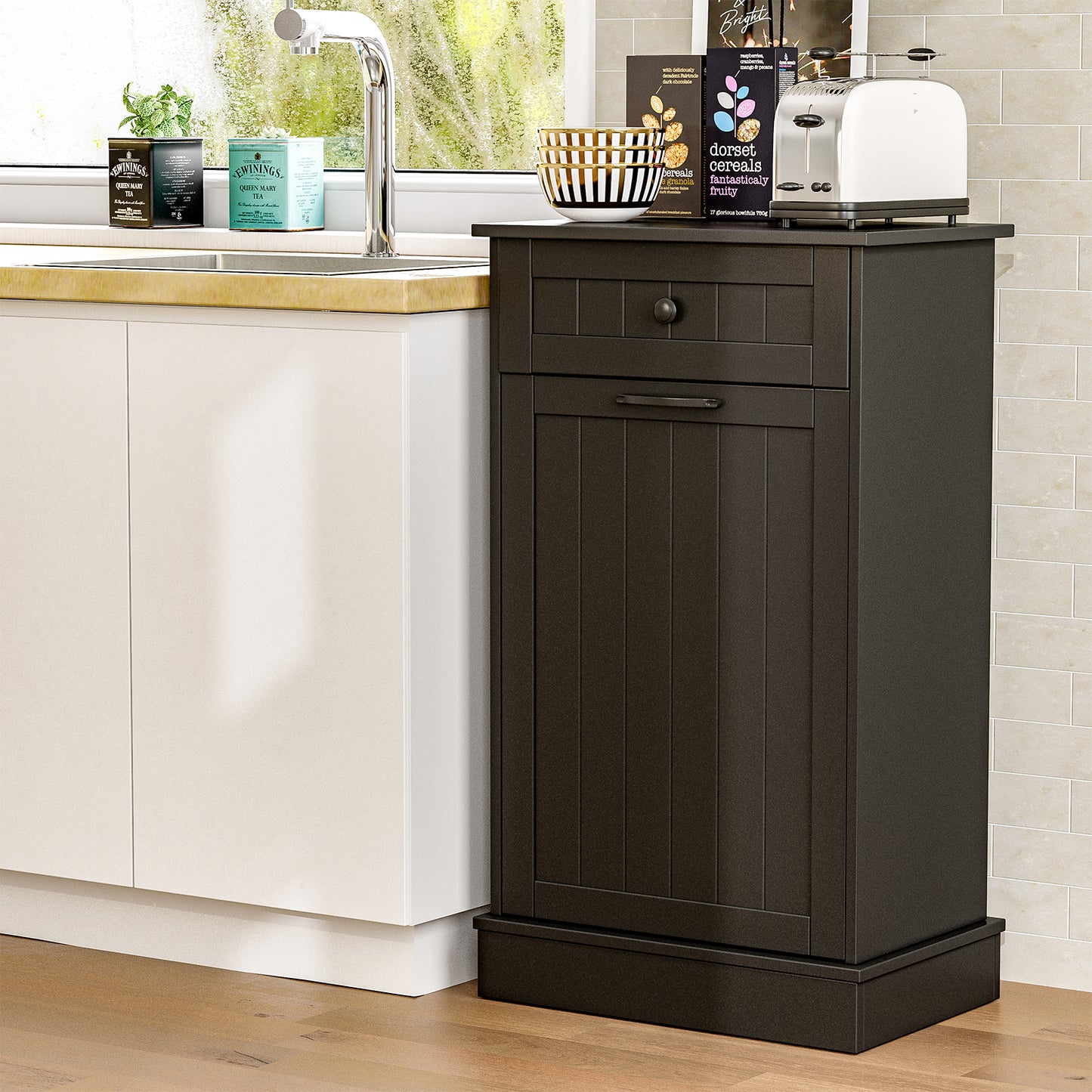Tilt Out Trash Cabinet, Kitchen Hidden Garbage Can 10 Gallon
