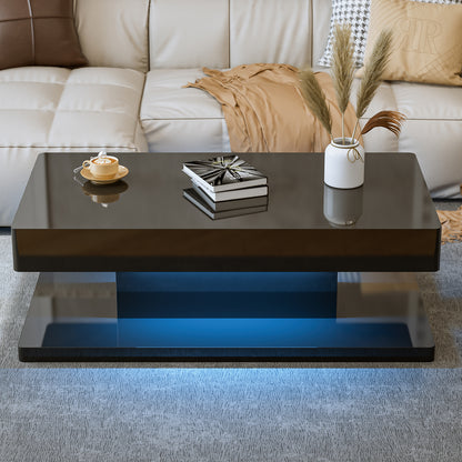 LED Coffee Table 2-Tier Rectangle Living Room Center Table with 16 Colors Lights