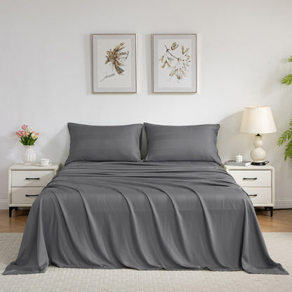 Bed Sheet Set-4 Piece 16” Deep Pocket, Striped Jacquard Ultra Soft Breathable Silky Bedding Sheets & Pillowcases-Grey
